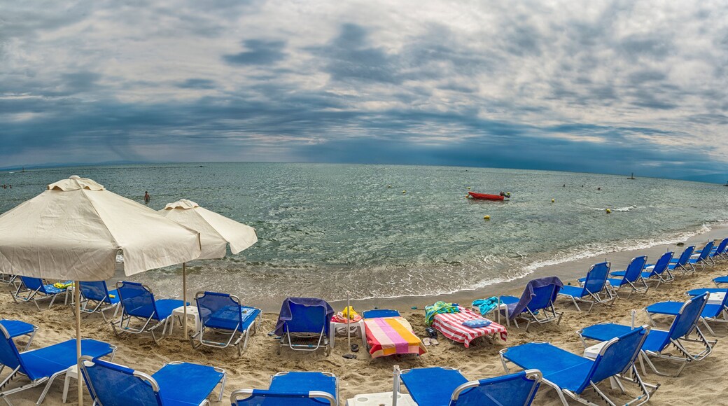 Parasols at summer beach panorama.
Deck chairs and parasols on the beach. Paralia,Katerini, Greek Olympic Riviera, Pieria region - Greece.