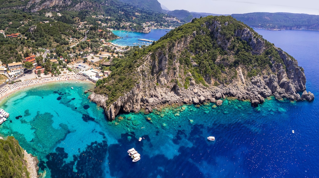 Greece. Corfu island best beaches. Stunning Paleokastritsa bay with turquoise sea. Aerial drone view of Agios Spiridon beach