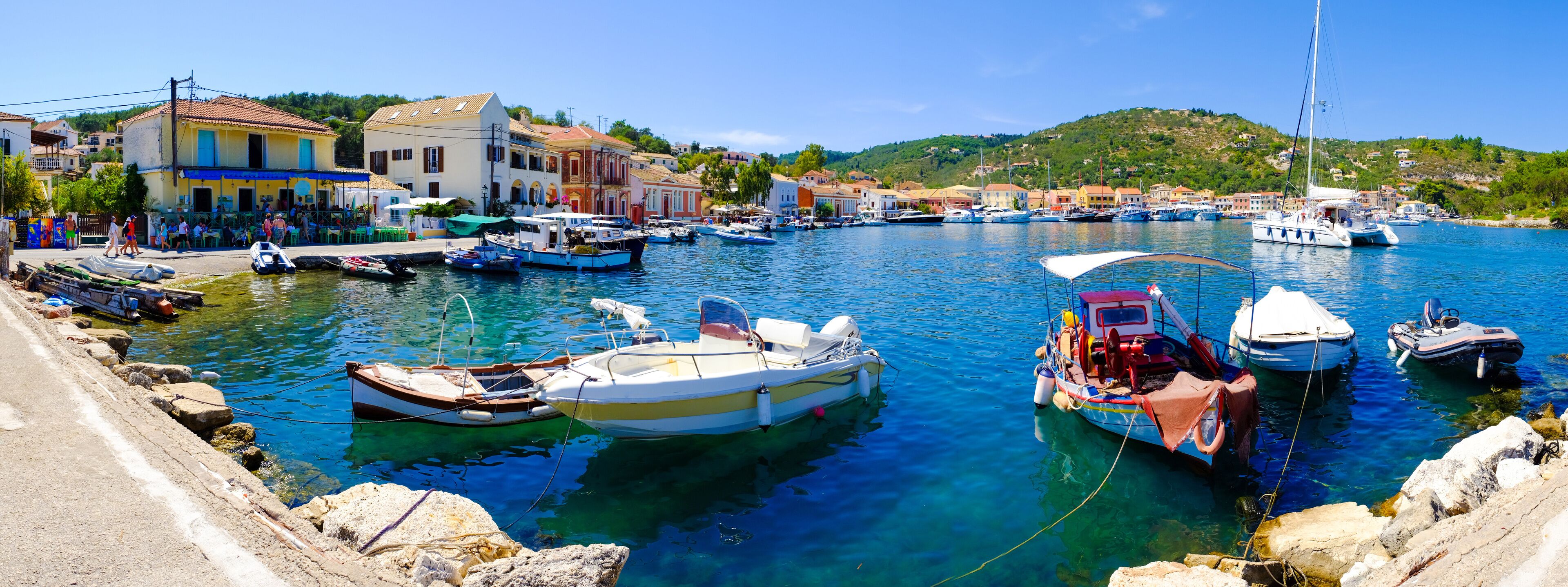 Paxos island panorama in the old harbour. Important touristic at