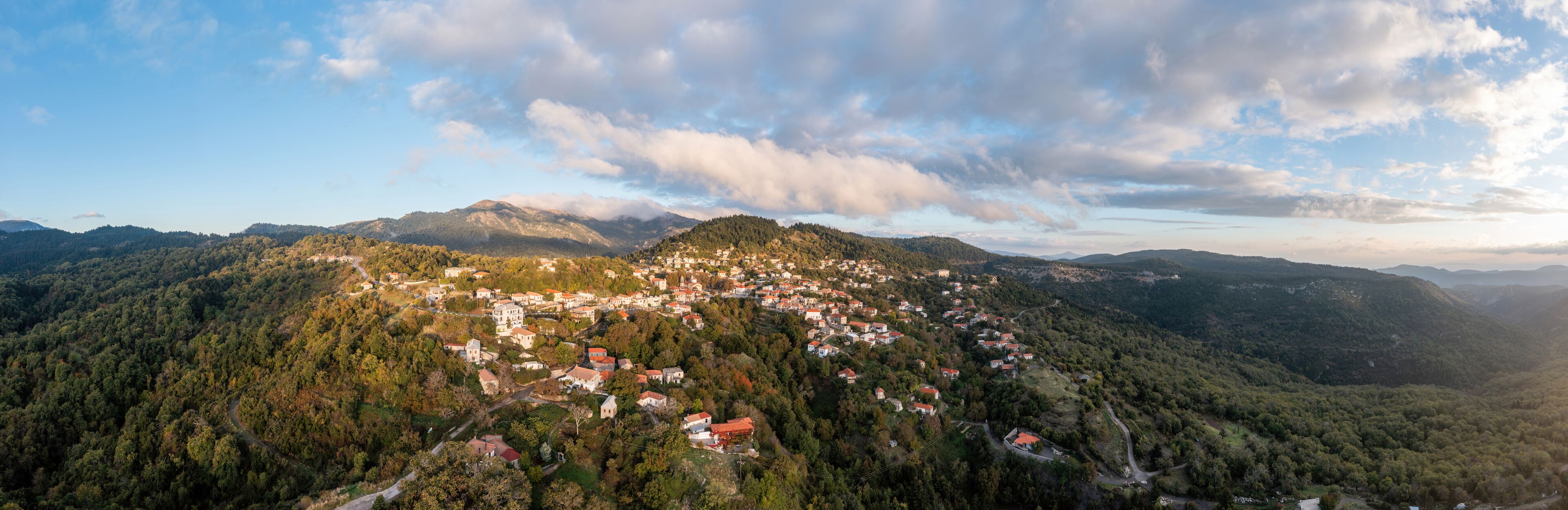 A mountainous village with houses nestled among the trees.