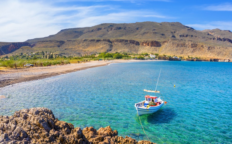 The peaceful village of Kato Zakros at the eastern part of the island of Crete with beach and tamarisks, Greece