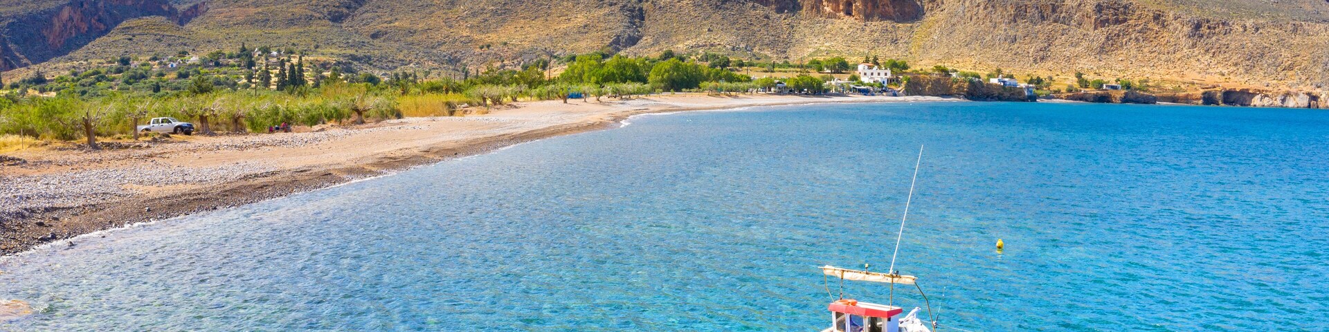The peaceful village of Kato Zakros at the eastern part of the island of Crete with beach and tamarisks, Greece