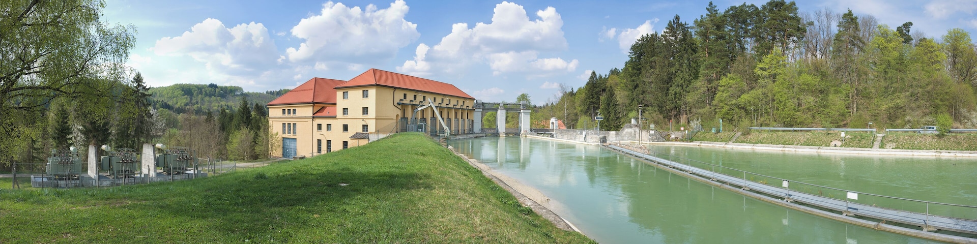 Feed of river power plant Muehltal close to Munich, Germany. Hydroelectricity supplied yearly: 70 million kilowatt hours.