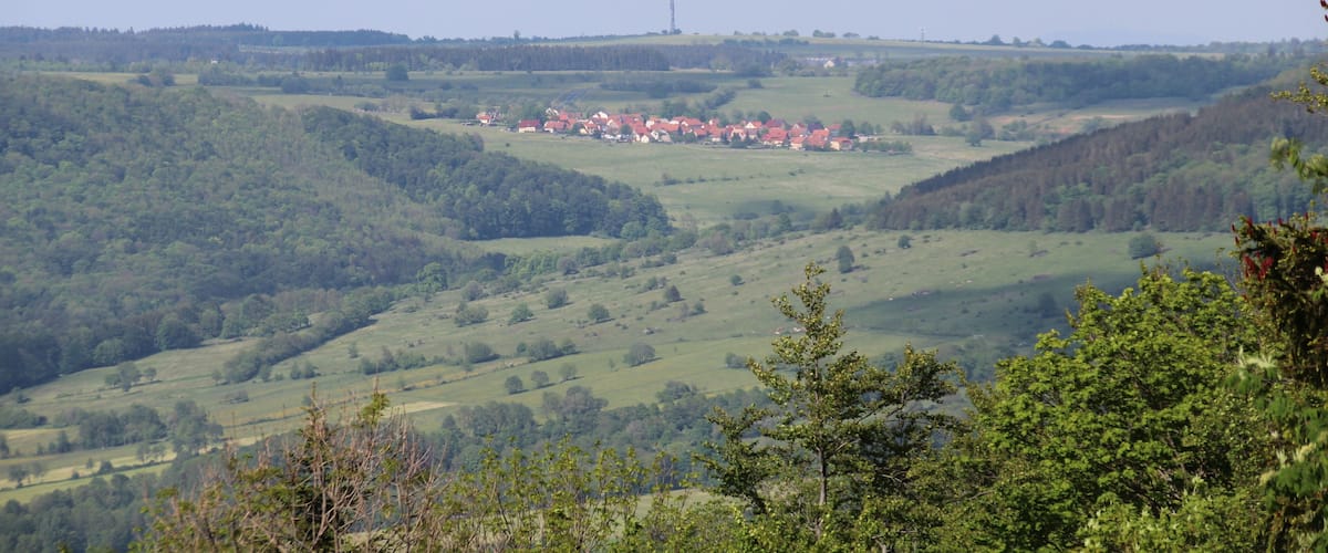 A rural landscape with rolling hills, a small village with red-roofed houses, and a distant communication tower.