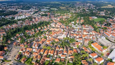 Aerial panorama view around the old town in the city Gifhorn on an sunny spring day in Germany