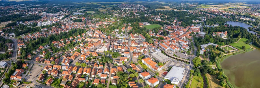 Aerial panorama view around the old town in the city Gifhorn on an sunny spring day in Germany