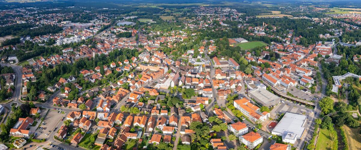 An aerial view of a town with red-roofed houses, a river, and surrounding greenery.
