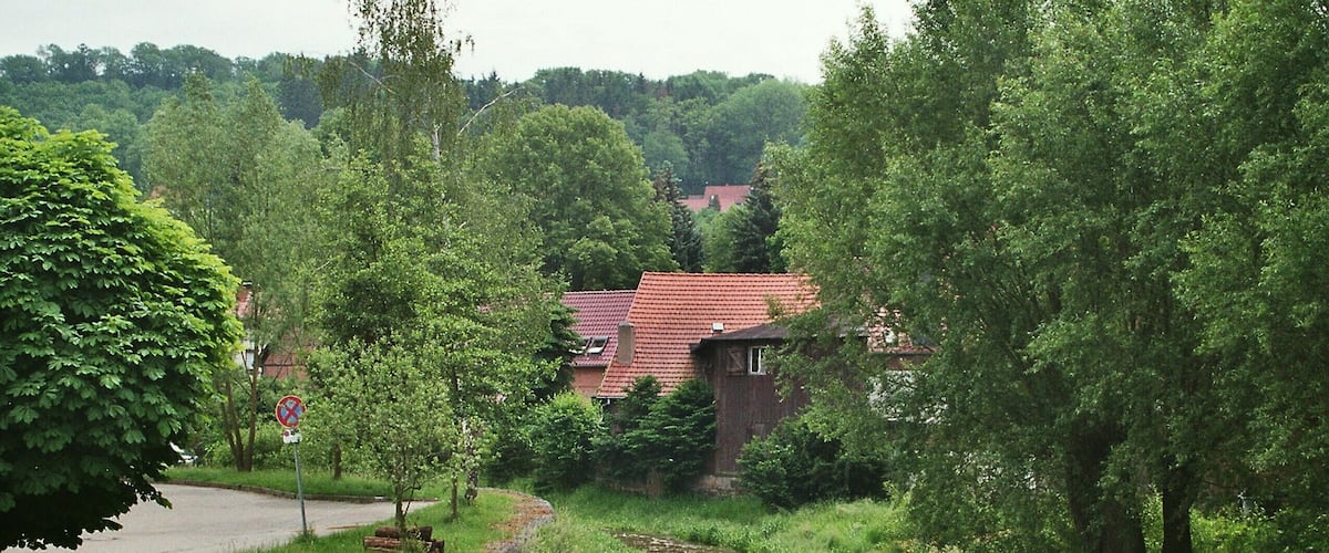 A narrow stone path winding through a lush green landscape with trees and a red-roofed building in the background.