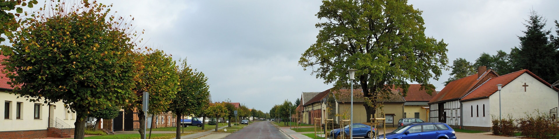 A quiet suburban street lined with trees and houses.