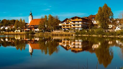 High resolution stitched panorama of a beautiful spring view with reflections at Windorf, Danube, Bavaria, Germany