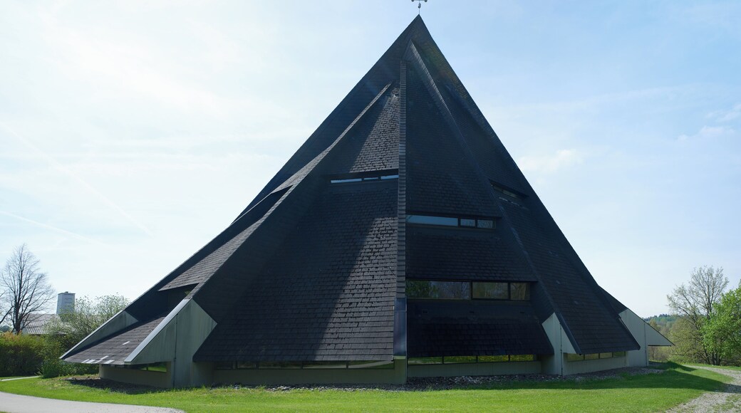Highway church "Maria am Wege" in Windach, administration district Landsberg am Lech, Bavaria, Germany, as seen from North. Panorama stitched together from 13 single shots.