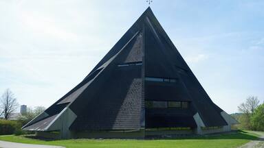 Highway church "Maria am Wege" in Windach, administration district Landsberg am Lech, Bavaria, Germany, as seen from North. Panorama stitched together from 13 single shots.