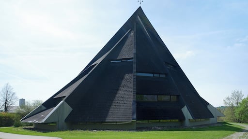 Highway church "Maria am Wege" in Windach, administration district Landsberg am Lech, Bavaria, Germany, as seen from North. Panorama stitched together from 13 single shots.