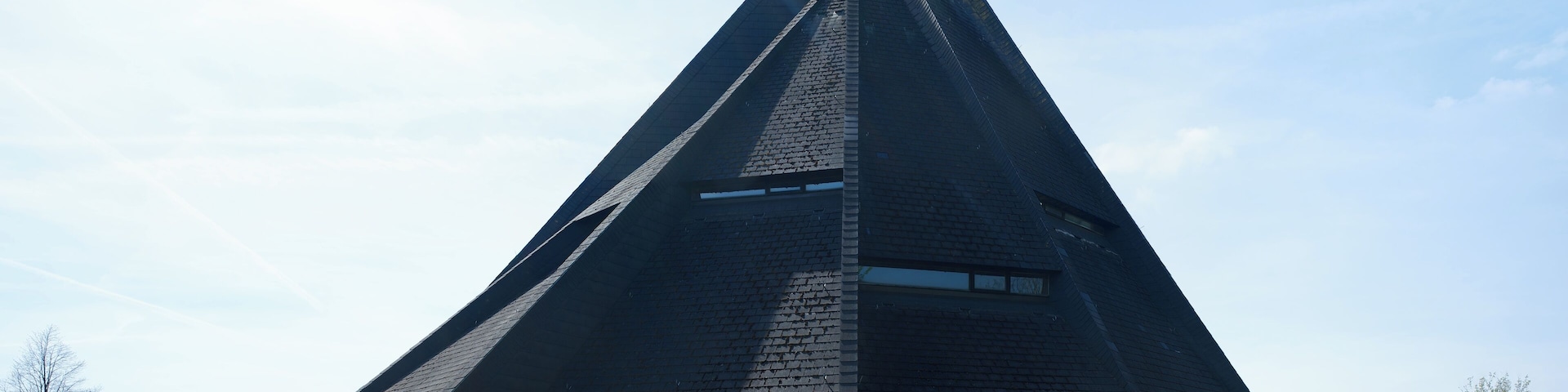 Highway church "Maria am Wege" in Windach, administration district Landsberg am Lech, Bavaria, Germany, as seen from North. Panorama stitched together from 13 single shots.