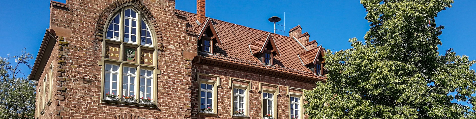 Ein historisches Backsteingebäude mit einem Uhrturm, Rundbogenfenstern und einem großen Baum davor.
