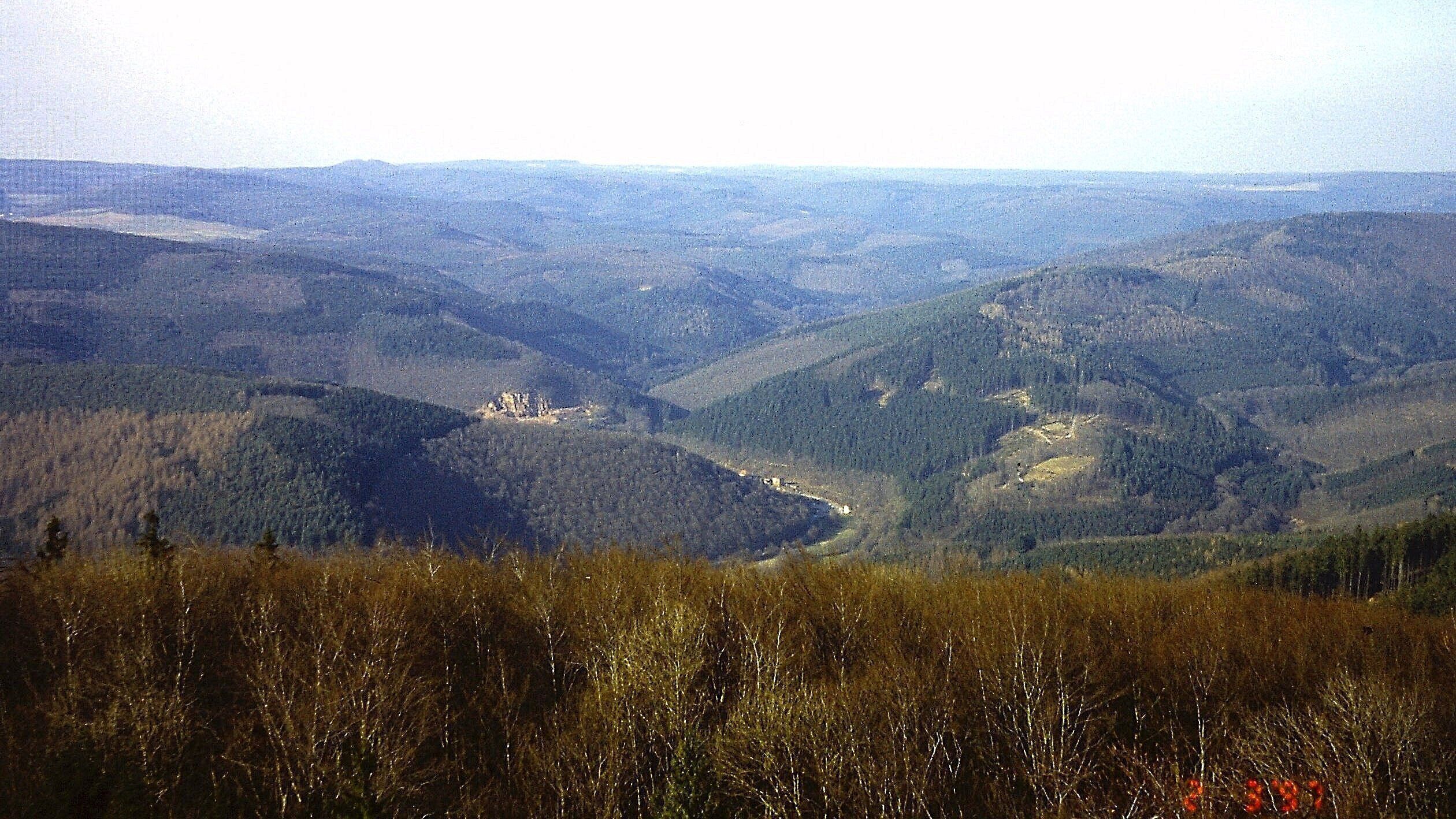 Katzenbuckel: Aussicht vom Katzenbuckelturm nach Norden in den badisch-hessischen Buntsandsteinodenwald; Landschaftselemente Bildmitte von links nach rechts: Sensberg (bis 480 m), Ittertal mit Gaimühle, Rotensohl (bis 486 m)
