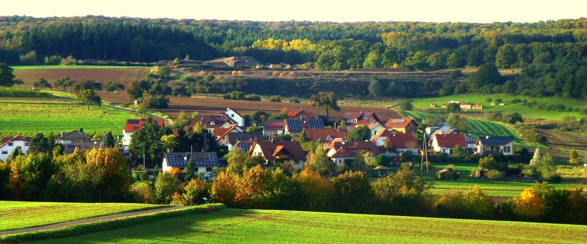A village with red-roofed houses, green fields, and a forested hill in the background.