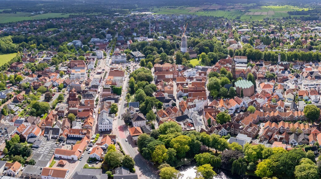 Aerial view of the old town of the city Jever in Germany on a sunny spring morning