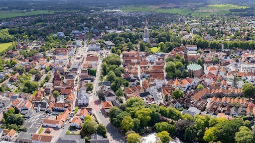 Aerial view of the old town of the city Jever in Germany on a sunny spring morning