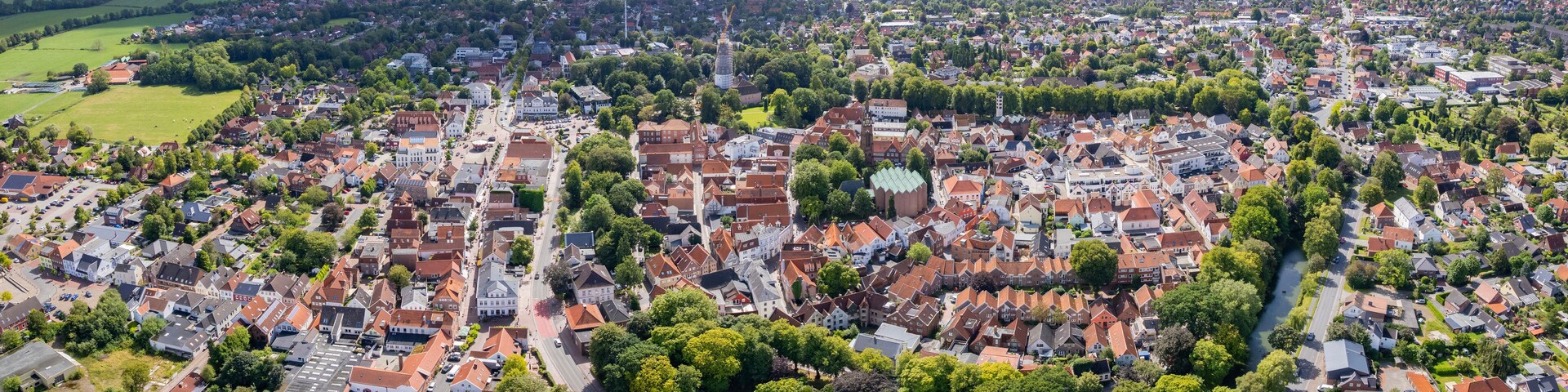 Aerial view of the old town of the city Jever in Germany on a sunny spring morning
