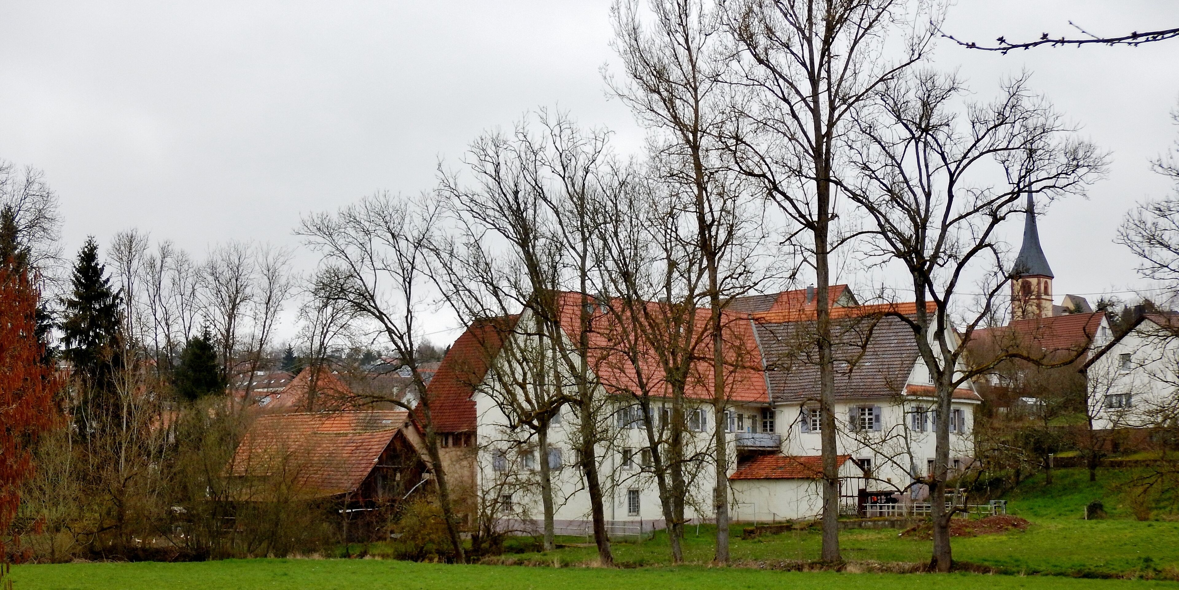 A traditional European village with a prominent church and residential buildings.