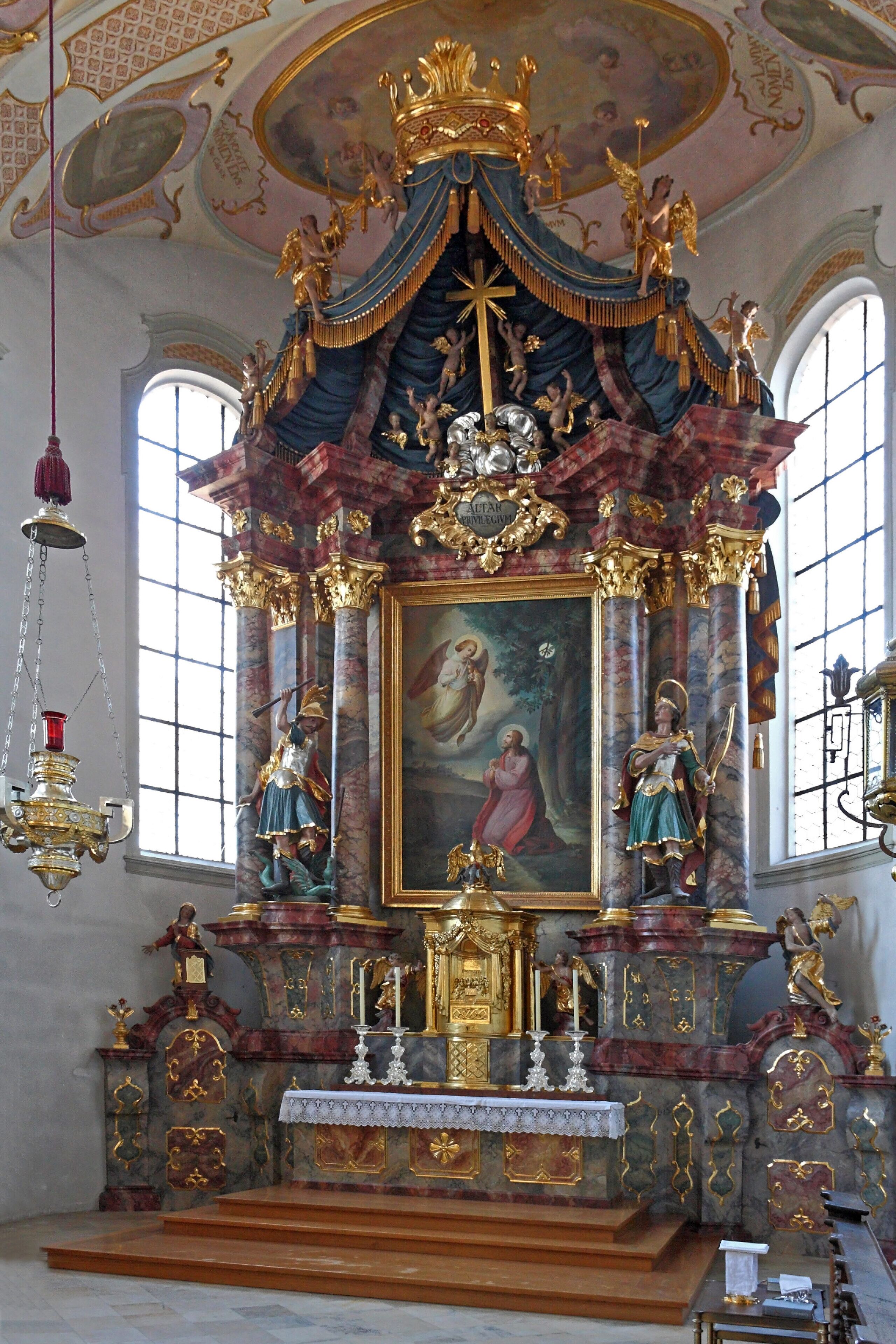 Pfarrkirche Mariä Himmelfahrt in Thannhausen (Schwaben); Hochaltar, um 1744, mit Altarbild "Ölberg" von Xaver Abele, um 1900