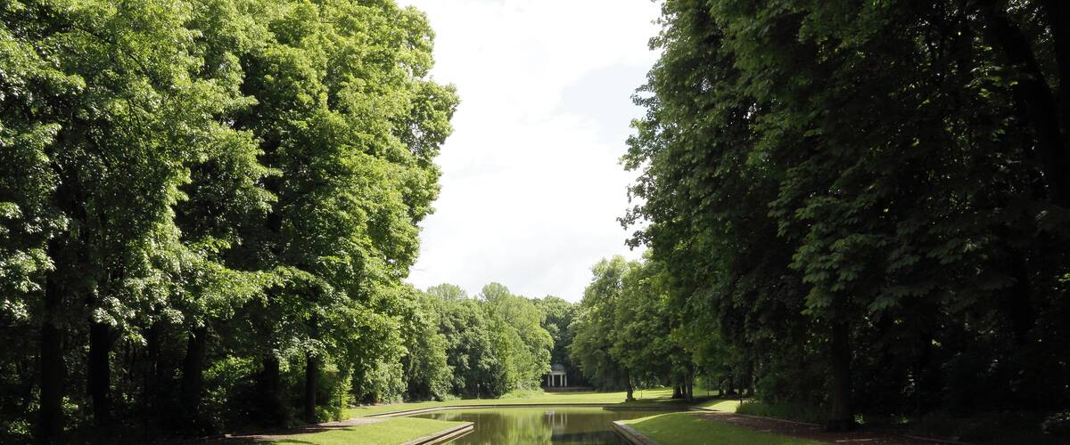 A canal with a reflection of trees and a building in the distance.
