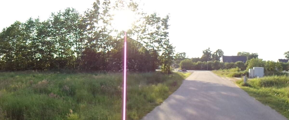 A rural road flanked by fields and trees, leading to a distant house.