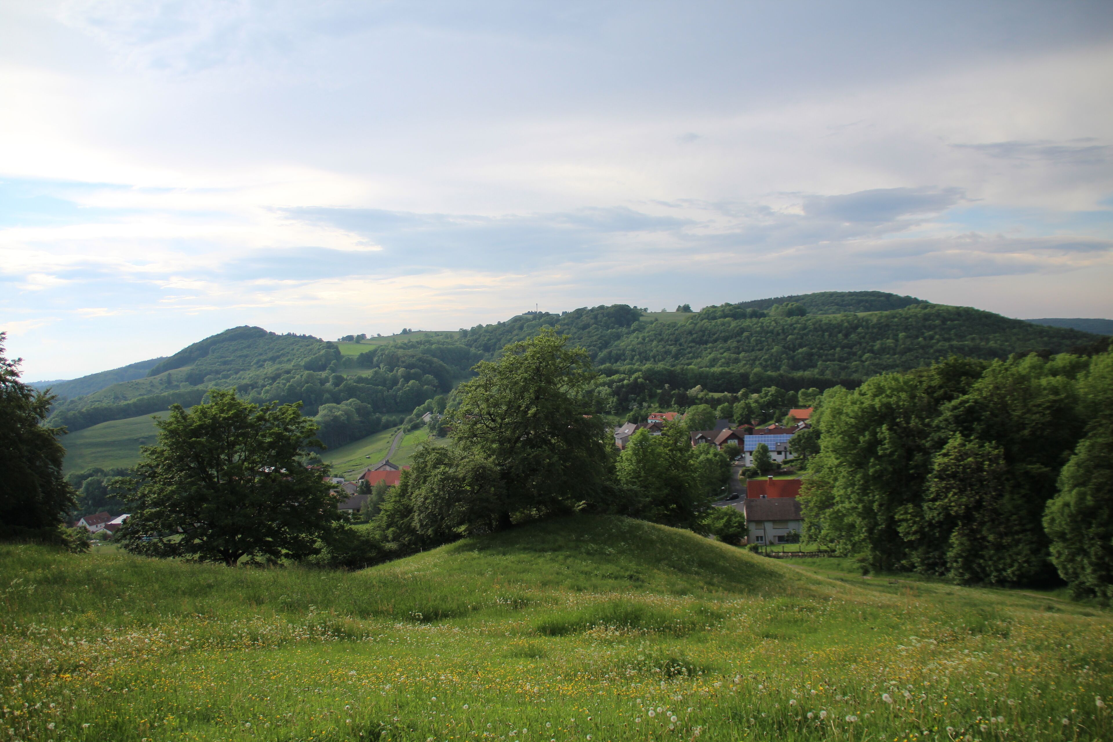 Blick vom Gebiet südöstlich von Abtsroda zur Berggruppe um den Weiherberg (Mitte, Sendemast). Links die Weiherkuppe, rechts das bewaldete Fuchsküppel.