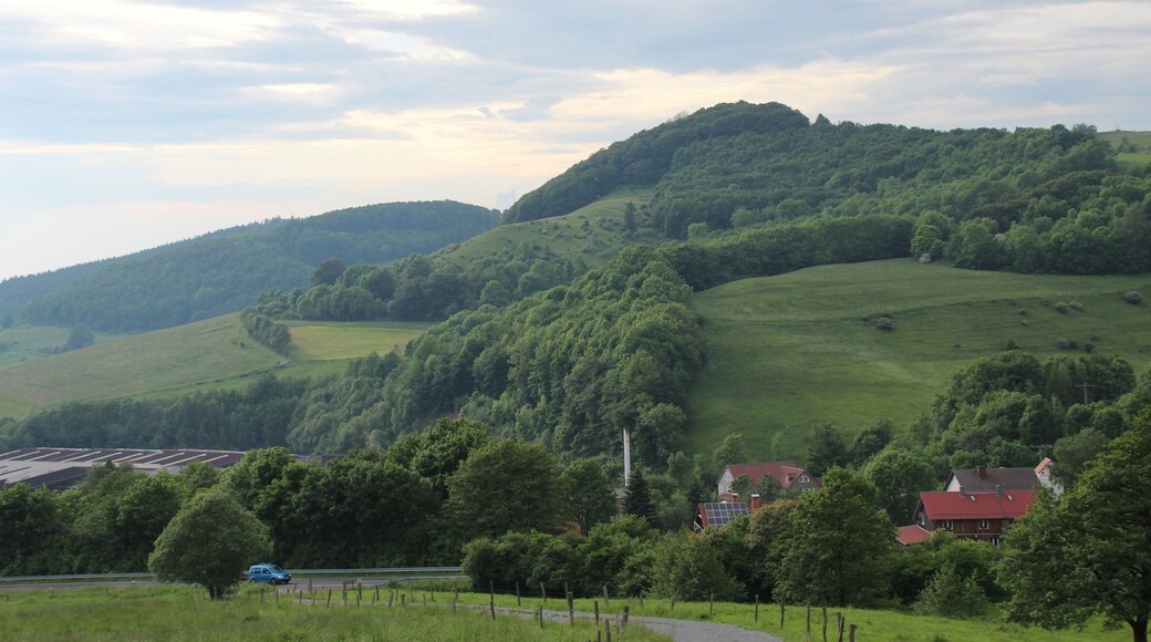 Blick über Häuser von Abstroda und Teile des Palettenwerks Krenzer nordwestwärts zur Weiherkuppe