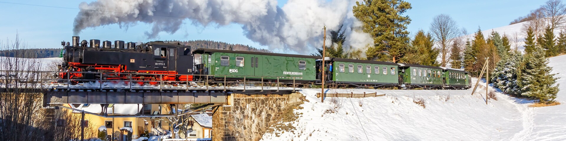 A steam locomotive pulling green passenger cars over a stone bridge in a snowy landscape.