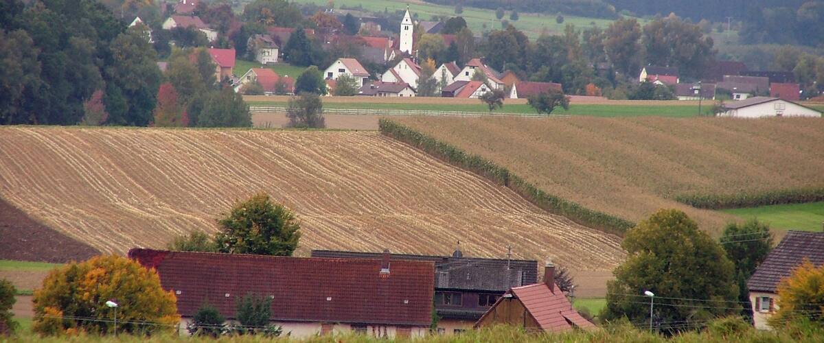 A rural village with a prominent church tower, surrounded by fields and a forested hill.
