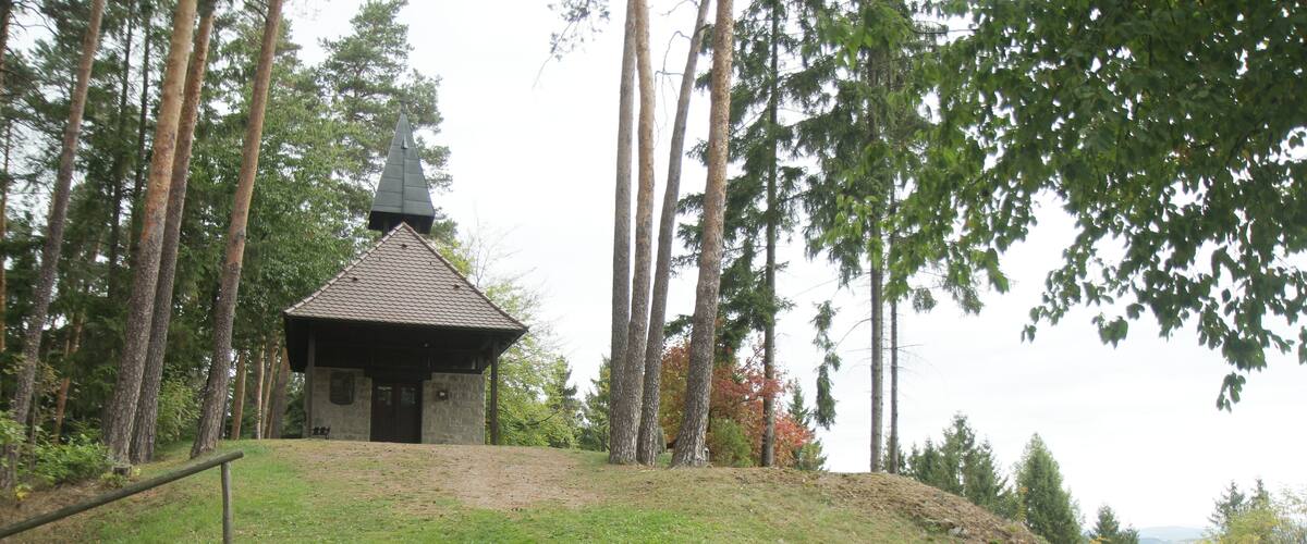 A small stone chapel with a pointed roof surrounded by tall trees.