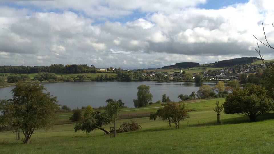 A lake surrounded by green hills and trees, with a small village in the distance.
