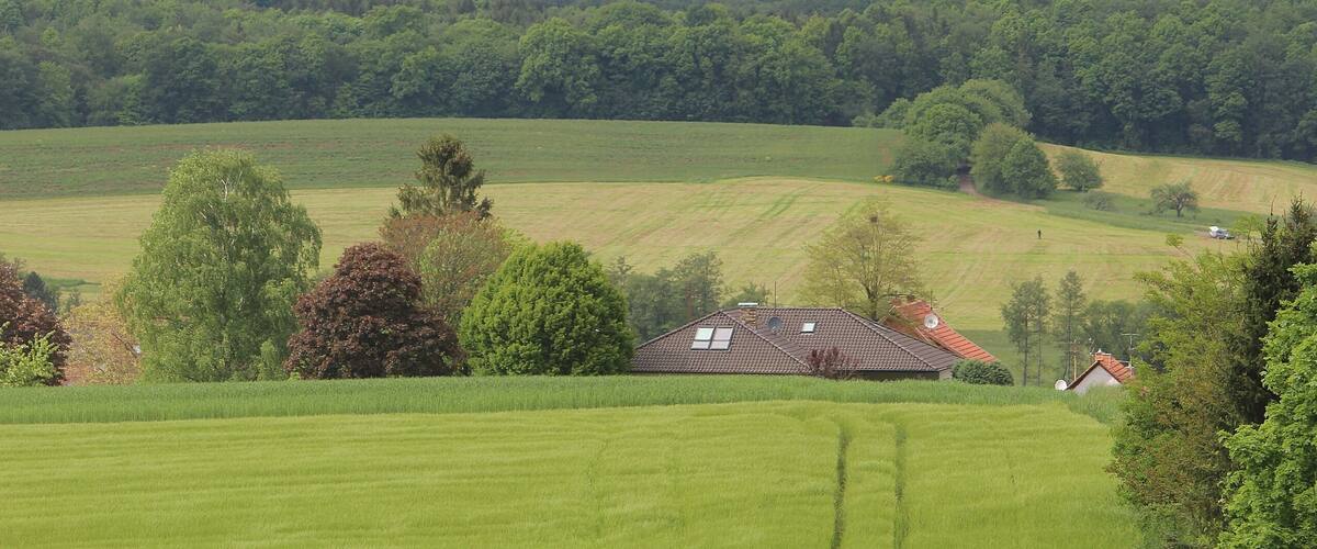 A rural landscape with rolling hills, a small house with a red roof, and a dense forest in the background.