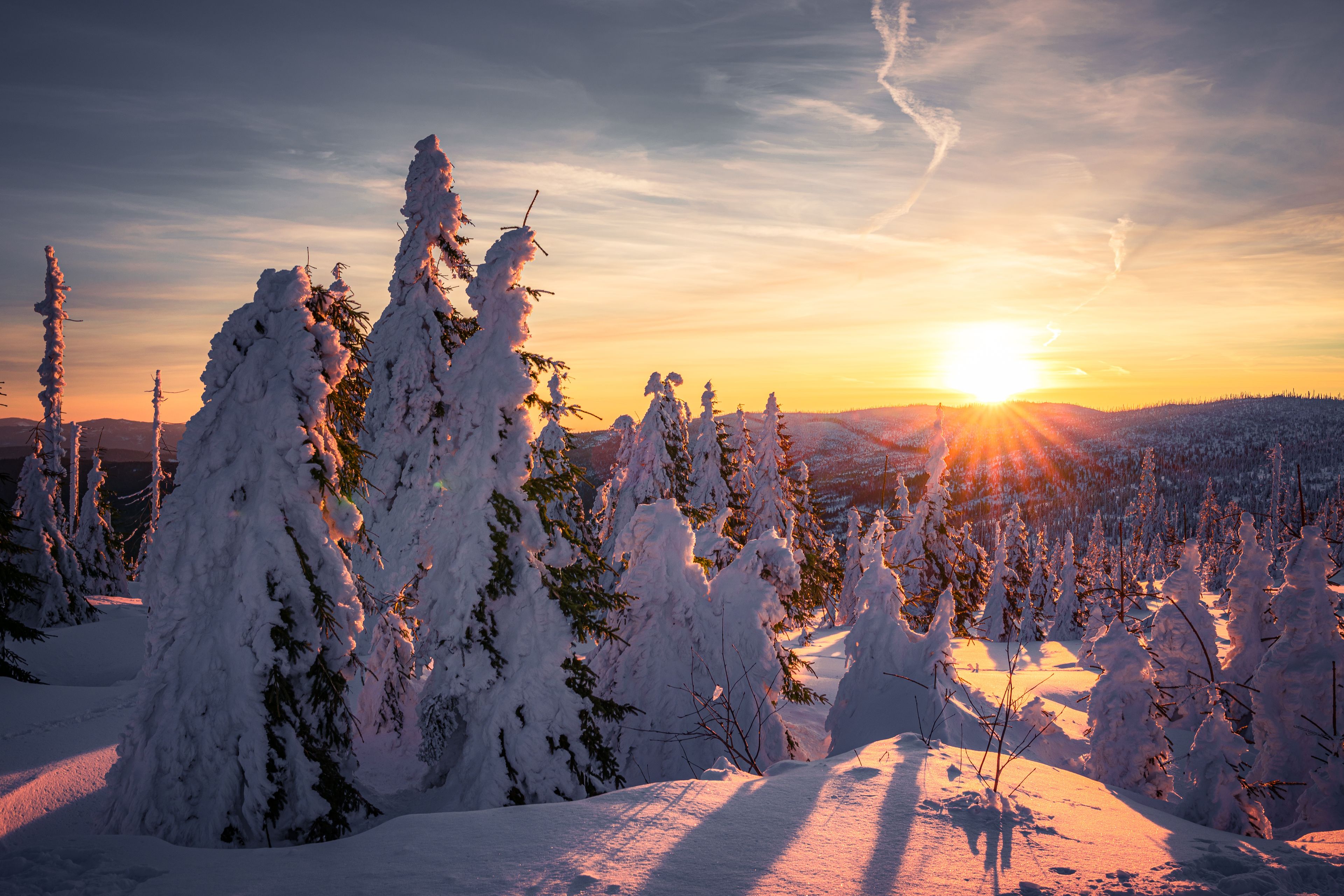 Sunrise and snow in winter Dreisesselberg on the border of Germany with the Czech Republic, Bavarian Forest - Sumava National Park. High quality photo