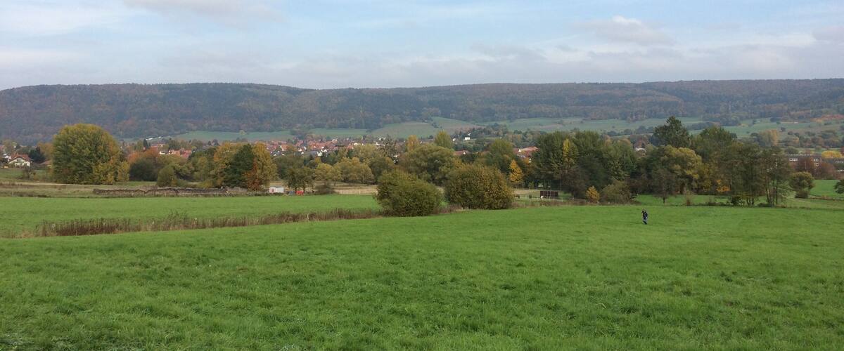 A green field with a village in the background and hills in the distance.