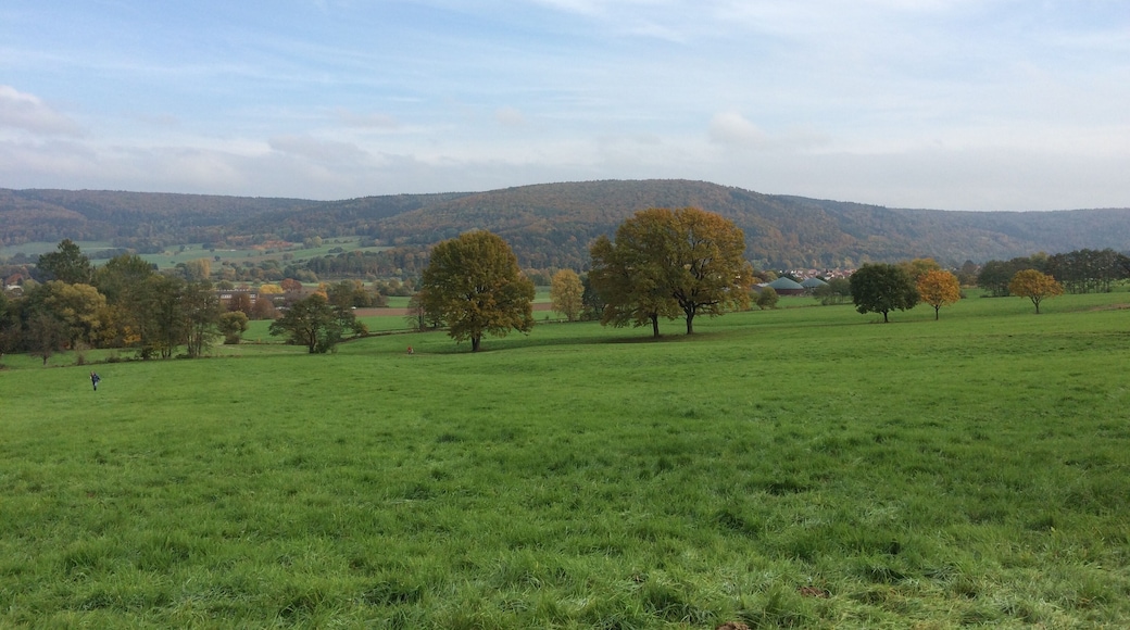 Blick von einem Feldweg oberhalb der Mittelpunktsportanlage Reinhardshagen in das Wesertal
