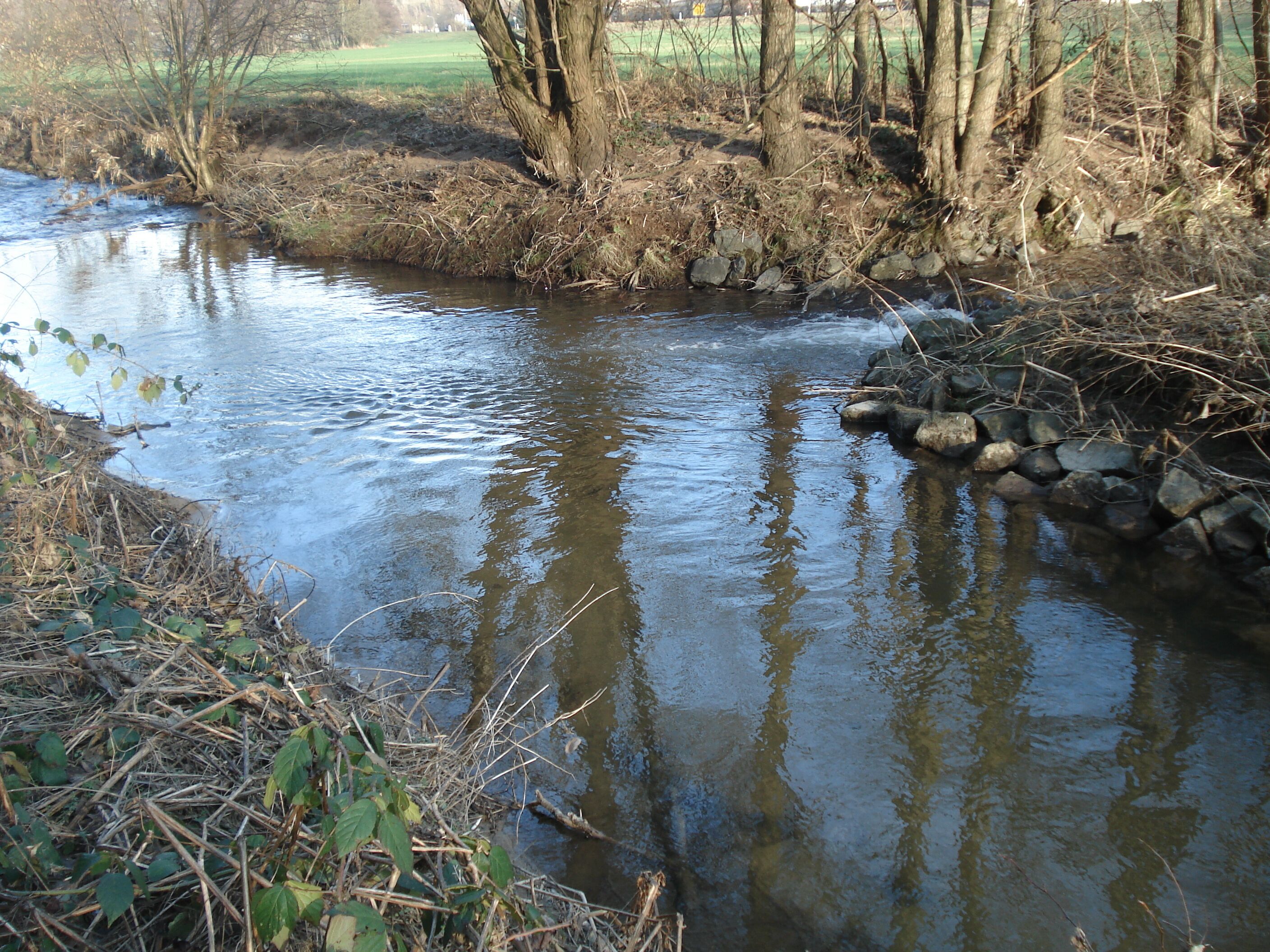 Der Mergbach (vorne) vereinigt sich mit dem Osterbach (rechts) zur Gersprenz (hinten)