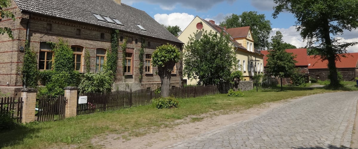 A cobblestone street lined with historic buildings, a wooden fence, and a large tree.