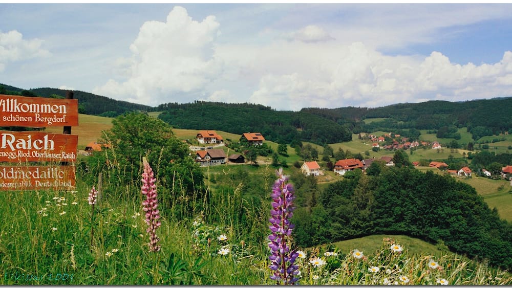A scenic landscape with a sign welcoming visitors to a region, surrounded by lush greenery and houses.