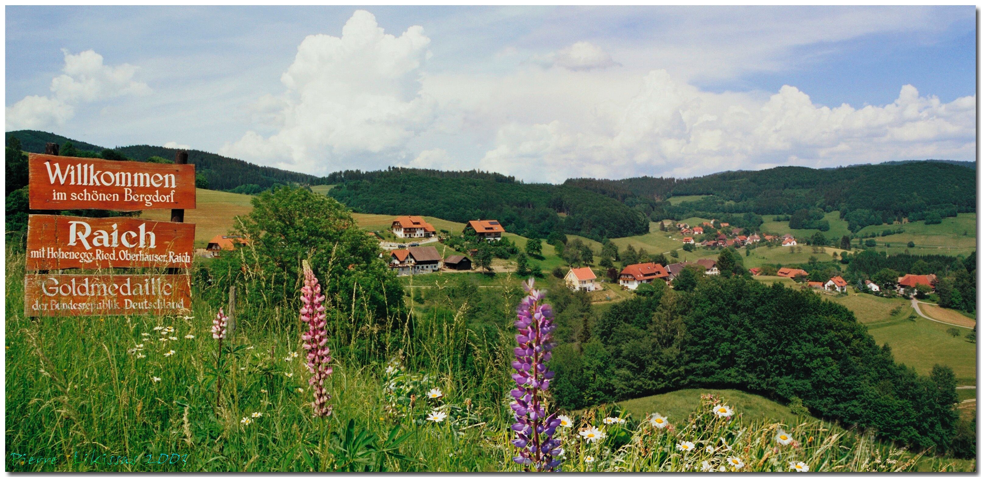 A scenic landscape with a sign welcoming visitors to a region, surrounded by lush greenery and houses.
