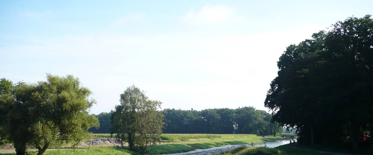 A river flowing through a rural landscape with trees and grassy fields.