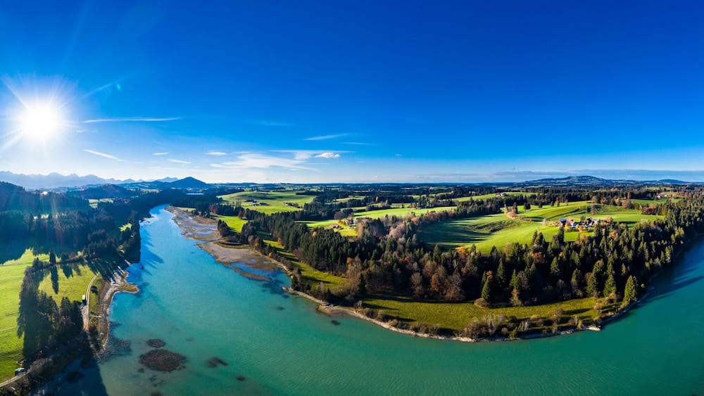 Germany, Bavaria, East Allgaeu, Fuessen, Prem, Aerial view of Lech reservoir