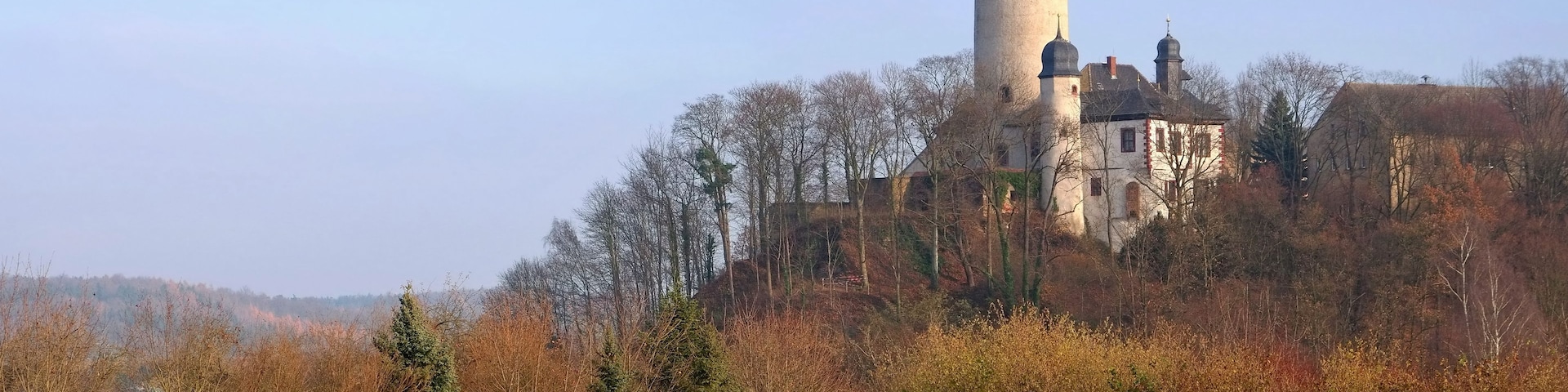 Un castillo sobre una colina con una torre, rodeado de árboles y un campo verde.