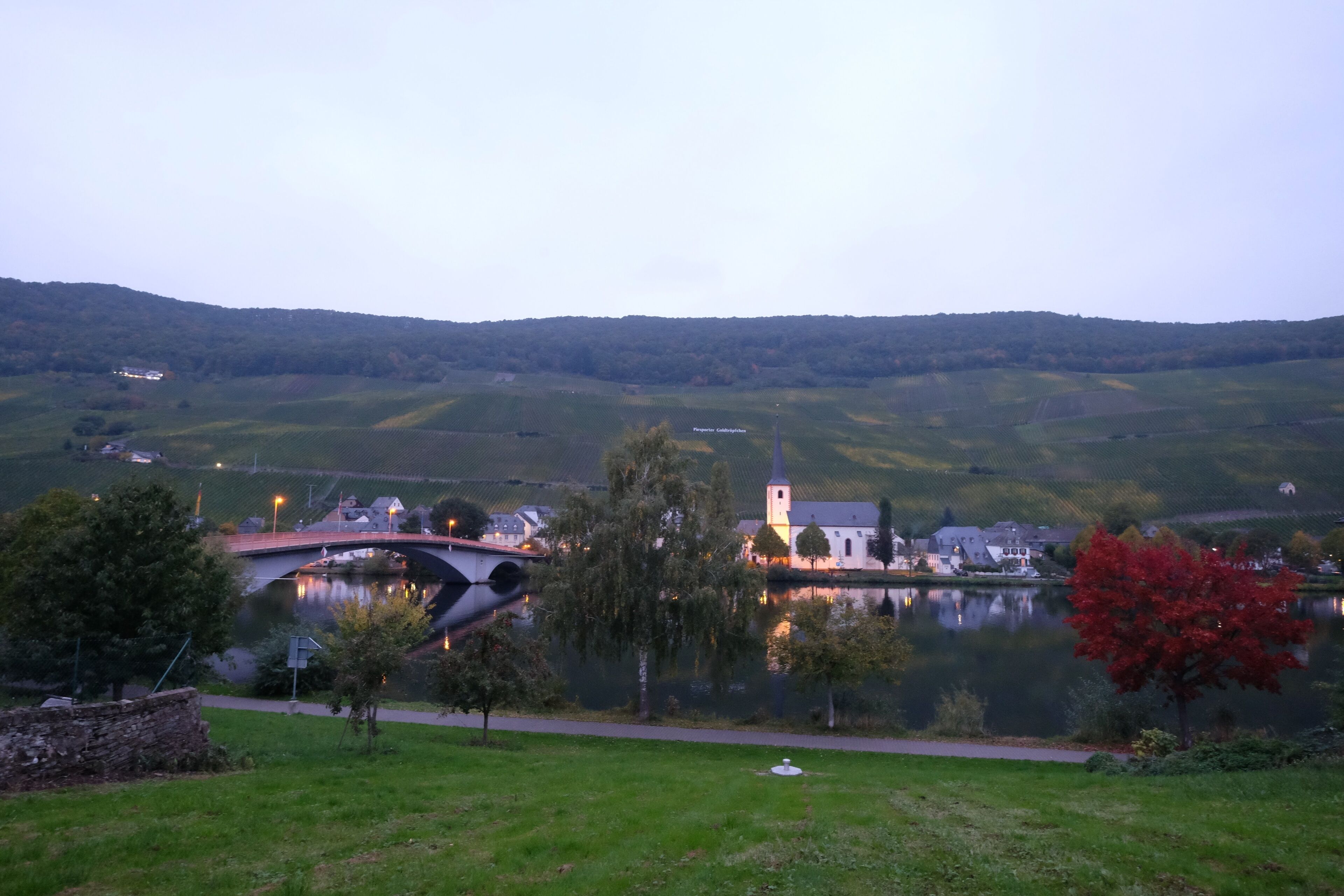 A river with a bridge, a church, and a red-leaved tree.