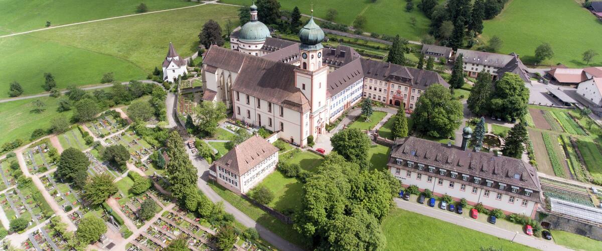 An aerial view of a historic estate with a large church, a bell tower, and expansive green fields.