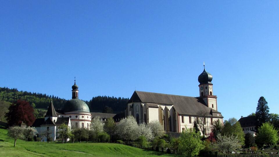 A church with a bell tower and a dome, surrounded by green fields and trees.