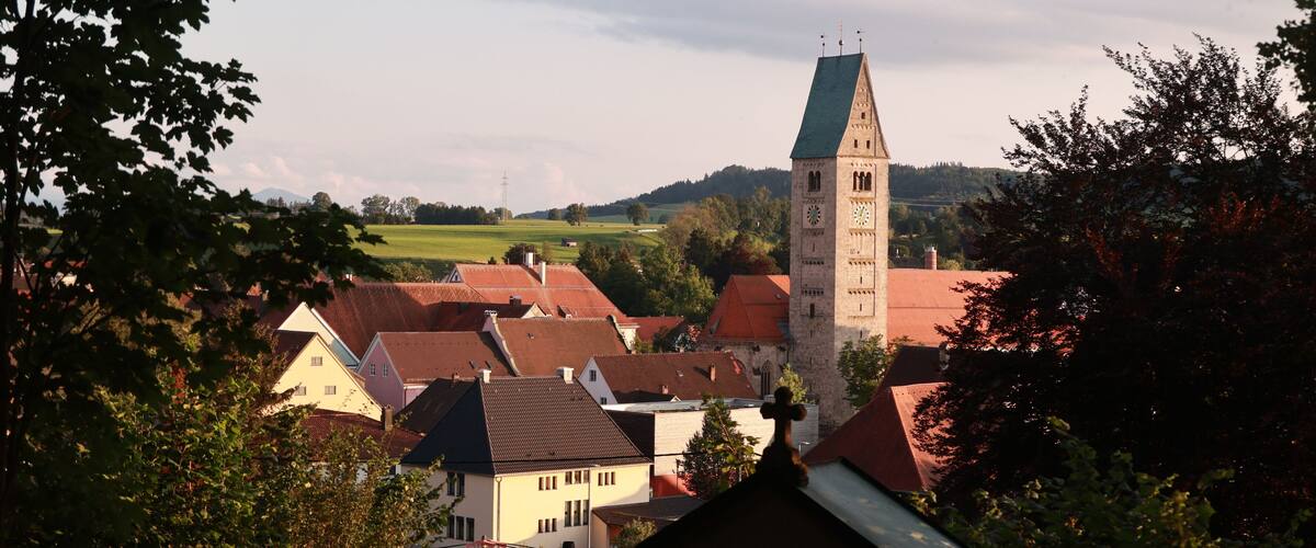 A town with a prominent church tower, surrounded by houses with red roofs and a green field in the background.