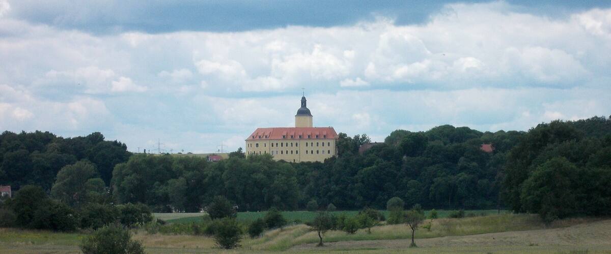 A large building with a red roof surrounded by trees and fields.